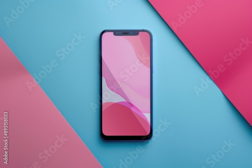 Modern smartphone with a pink abstract wallpaper on a blue background.