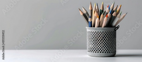 Sharp-focused professional photography of grey pencil pot, great for educational materials.