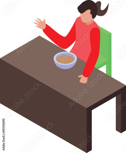 Illustration of girl waiting for lunch sitting at table with bowl of soup, in isometric style