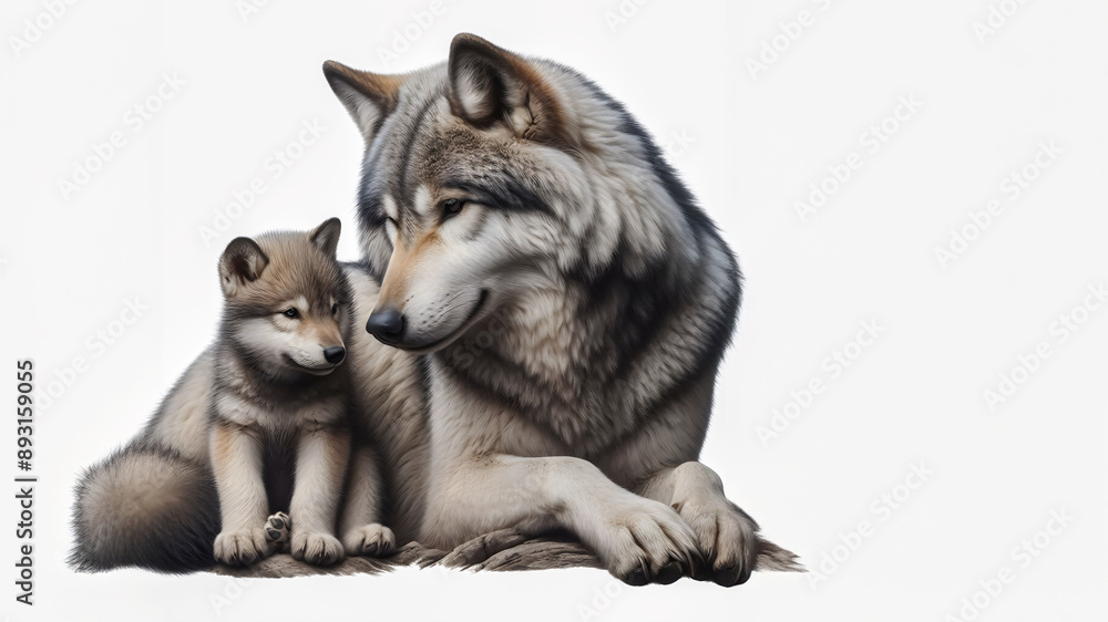 Fototapeta premium a female wolf and her pup, on a white background
