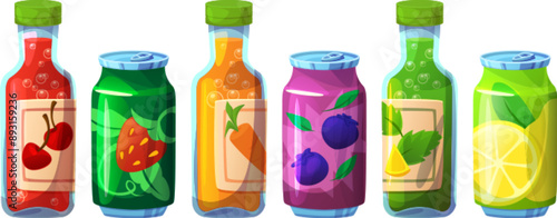 Soda can and fruit juice bottle drink icon vector. Carbonated lemonade cocktail wrap. Fizzy sugar tea in trendy aluminum package. Orange, lemon and berry tonic water with cork from supermarket