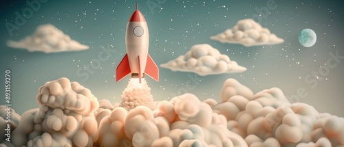 Fototapeta Naklejka Na Ścianę i Meble -  Cartoon space ship rocket taking off