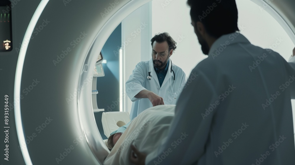 medical team is passing a patient lying on a bed into an MRI machine. medical team is passing a patient lying on a bed into an MRI machine.