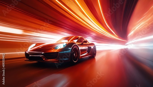 Virtual racing innovation: high-speed sports cars on neon-lit glowing highways