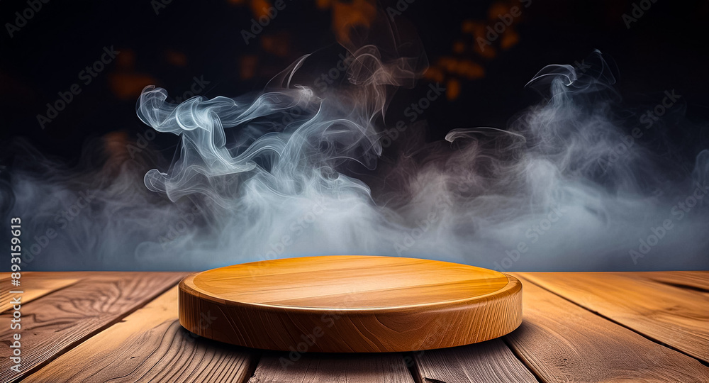 Wooden display podium with backgroun smoke or fog on dark background. creates a mysterious atmosphere. Display for product presentation and promotiion
Wooden display podium with backgroun smoke or fog on dark background. creates a mysterious atmosphere. Display for product presentation and promotiion