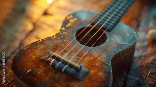 A Close up of a Ukulele Sitting on a Wooden Table Top - Generative AI