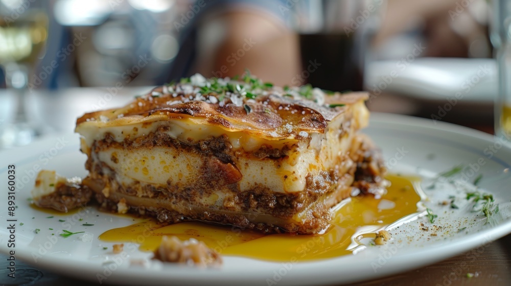 A Close up of a Piece of Lasagna on a Plate at a Restaurant - Generative AI A Close up of a Piece of Lasagna on a Plate at a Restaurant - Generative AI