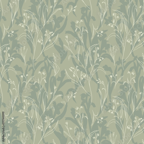 Sketchy delicate botanical pattern of sage green doodle wildflowers on tonal background. Endless repeat in casual romantic style.