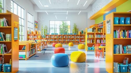 A vibrant school library with minimalist furniture and bright, cheerful d?(C)cor