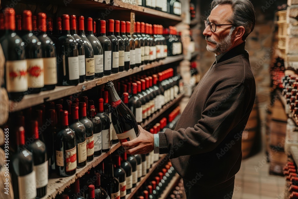 Man inspecting a wine bottle in a wine cellar, surrounded by shelves filled with various bottles of wine in a cozy atmosphere. Man inspecting a wine bottle in a wine cellar, surrounded by shelves filled with various bottles of wine in a cozy atmosphere.