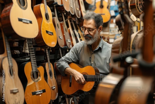 Man playing acoustic guitar in a guitar shop surrounded by various guitars, showcasing musical instruments, passion, and craftsmanship.