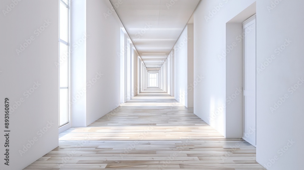 An empty school corridor featuring white walls and light wooden flooring An empty school corridor featuring white walls and light wooden flooring