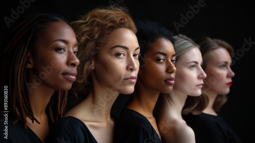 A Row of Women With Different Colored Eyes and Skin Tones in Front of a Black Background - Generative AI