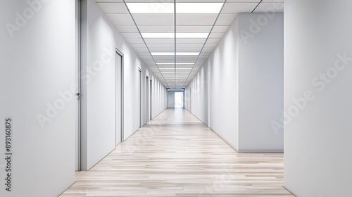 An empty school corridor featuring white walls and light wooden flooring