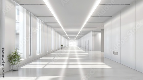 An empty school corridor with white walls and minimalist d?(C)cor