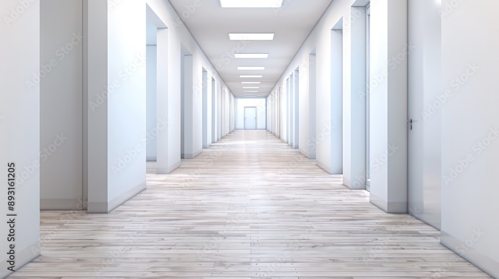 An empty school hallway with white walls and light wooden flooring An empty school hallway with white walls and light wooden flooring