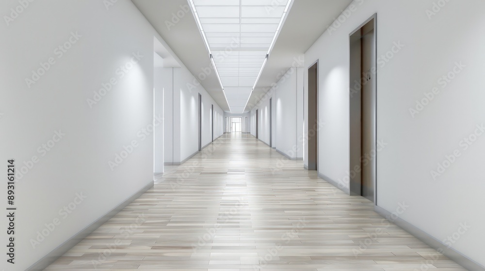 An empty school hallway with white walls and light wooden flooring An empty school hallway with white walls and light wooden flooring