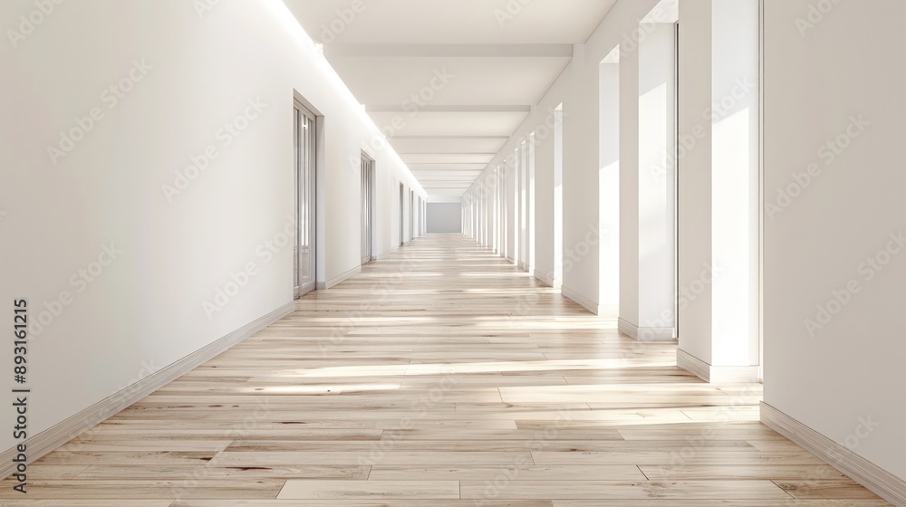 Obraz premium An empty school hallway with white walls and light wooden flooring