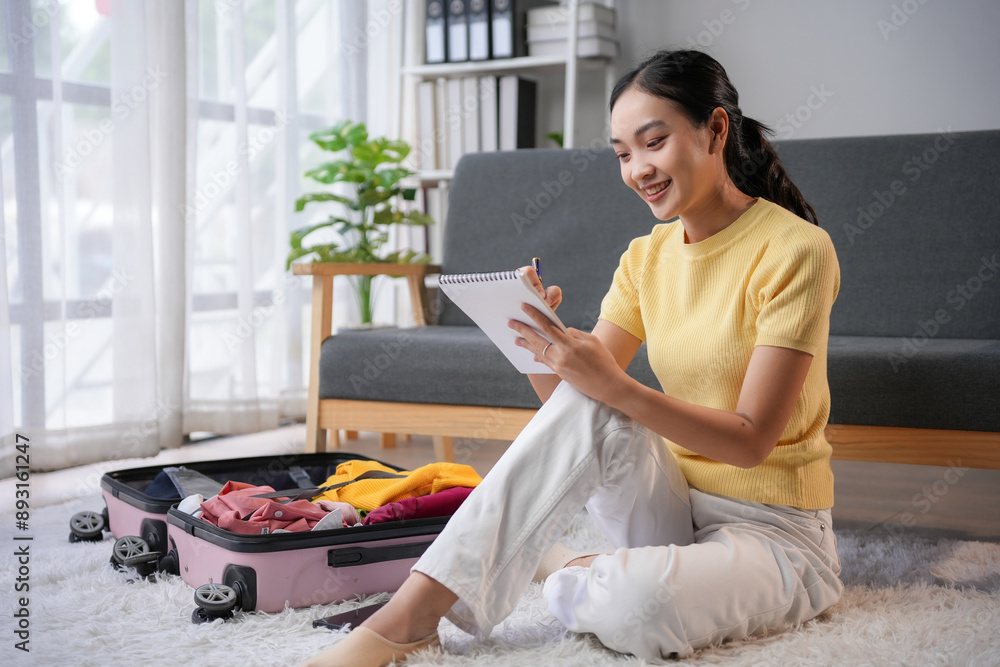 Excited woman sits on floor, planning trip with open suitcase and notebook. Organized packing list for upcoming adventure Excited woman sits on floor, planning trip with open suitcase and notebook. Organized packing list for upcoming adventure