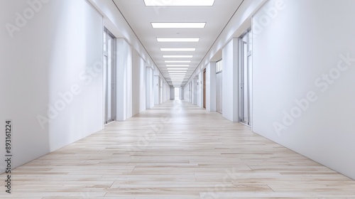 An empty school hallway with white walls and light wooden flooring