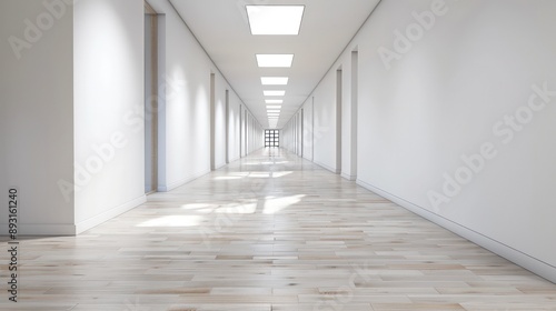 An empty school hallway with white walls and light wooden flooring