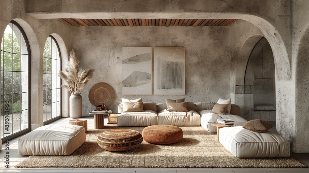 Inviting modern living room with a plush sofa for comfortable relaxation Inviting modern living room with a plush sofa for comfortable relaxation