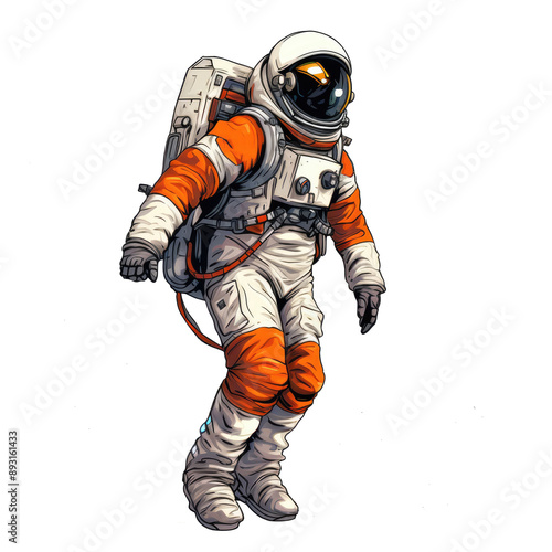 An illustration of an astronaut wearing an orange-white spacesuit