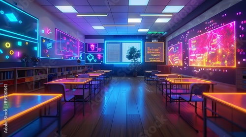 VR classroom with interactive holographic desks and vibrant boards. © HASHMAT