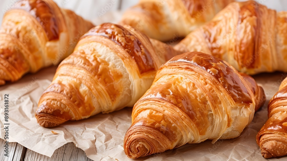 A row of croissants are on a black surface A row of croissants are on a black surface
