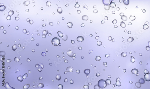 Soda drink background with fizzy drop texture. Purple effervescent water 3d bg. Gel pattern or underwater effect with mineral droplet closeup backdrop. Realistic rain on glass. Sparkling lemonade