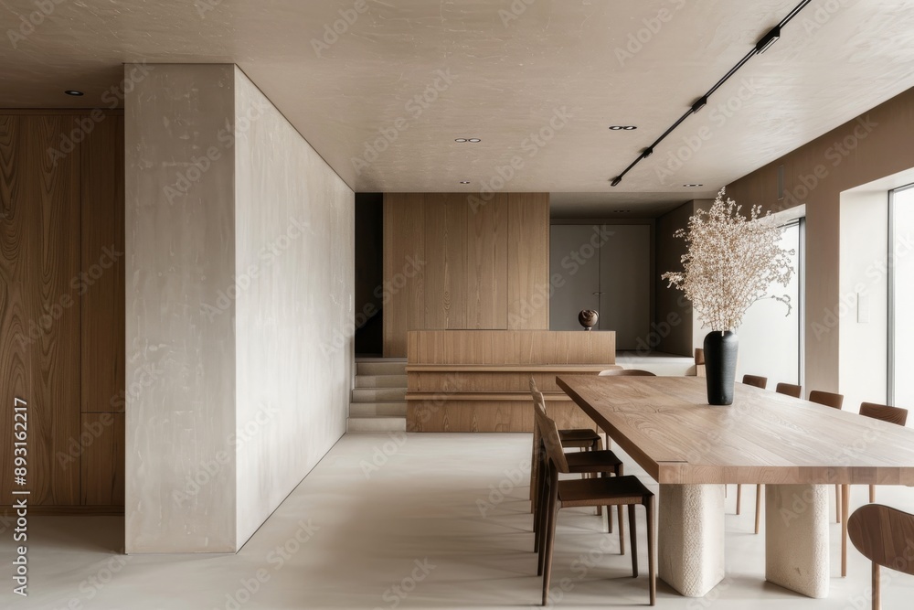 Interior of modern dining room with white and wooden walls, concrete floor, long wooden table with chairs and cabinet. Interior of modern dining room with white and wooden walls, concrete floor, long wooden table with chairs and cabinet.