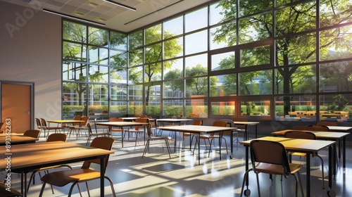 An uncluttered classroom with streamlined furniture and large glass windows