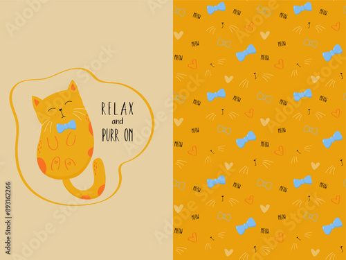 Illustration with funny cartoon cat and seamless pattern. Inscription relaxe and purr on. Vector graphic for apparel t-shirt print, textile