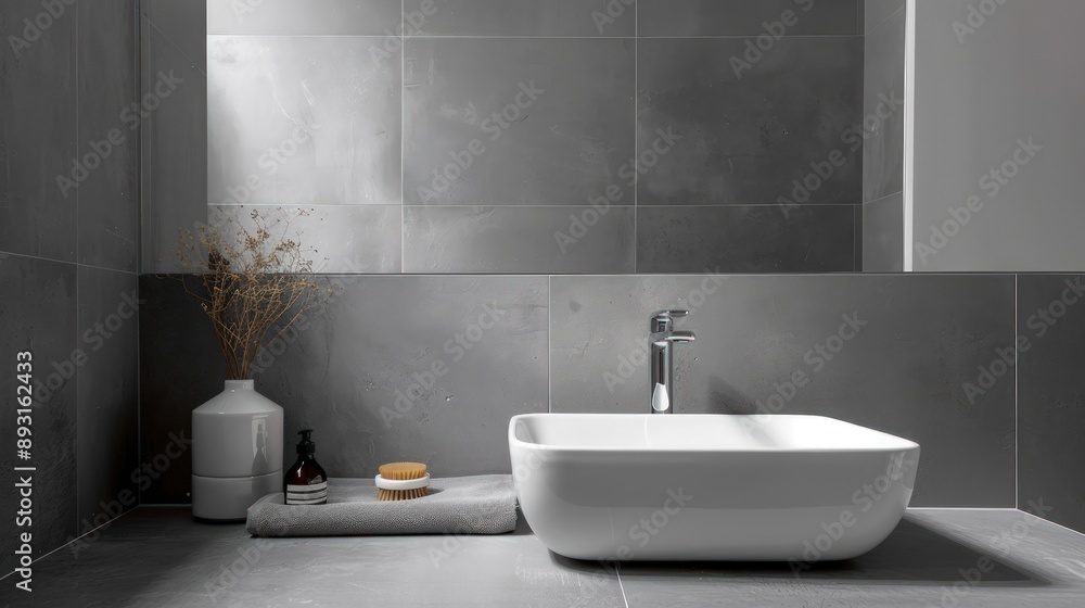 Bathroom featuring a sleek white sink, grey tiles, and minimalistic d?(C)cor Bathroom featuring a sleek white sink, grey tiles, and minimalistic d?(C)cor