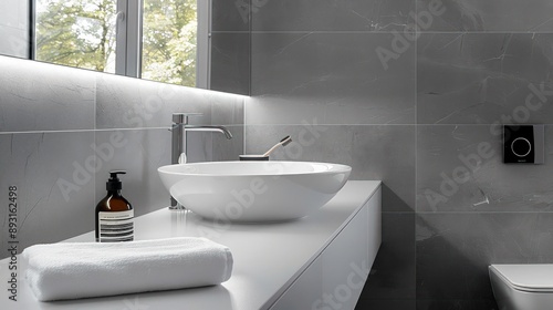 Bathroom featuring a sleek white sink, grey tiles, and minimalistic d?(C)cor