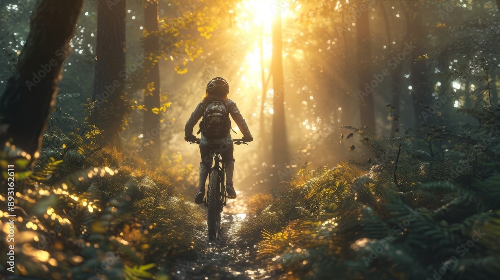 A Person Riding a Bike Through a Forest With the Sun Shining Down on Them - Generative AI A Person Riding a Bike Through a Forest With the Sun Shining Down on Them - Generative AI