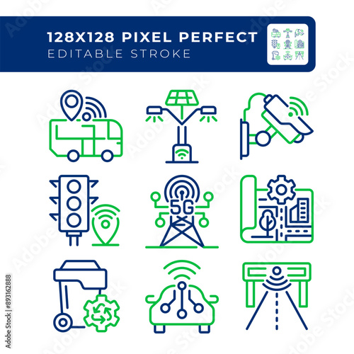 Urban city planning pixel perfect two color line icons set. Smart transportation system. Street lighting bicolor outline iconset isolated. Duotone pictograms thin linear. Editable stroke