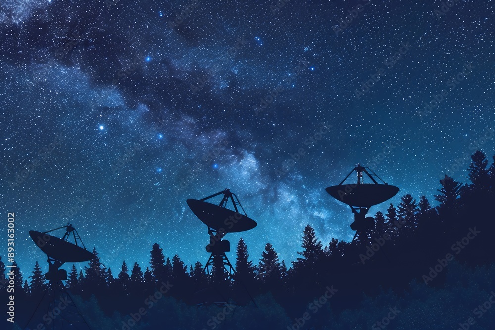 Silhouette of a Radio. A night sky filled with stars and the Milky Way, the silhouette of four large satellite dishes on top of forested hills in the foreground, a sense of wonder at exploring space f