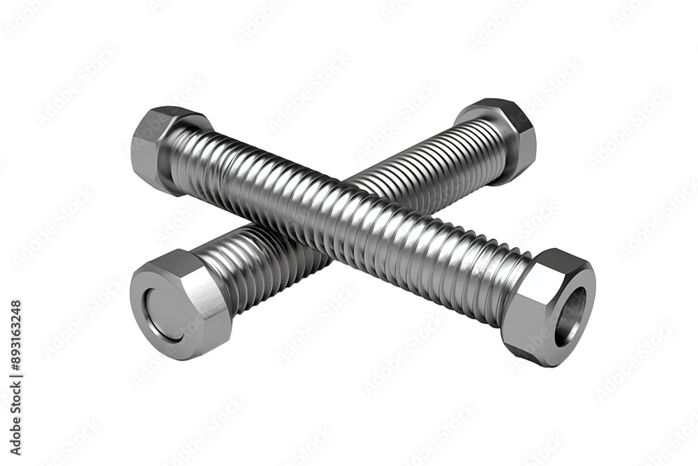 Two Shiny Silver Screws Crossed in a Symbolic Embrace on a Clear PNG or White Background. Two Shiny Silver Screws Crossed in a Symbolic Embrace on a Clear PNG or White Background.