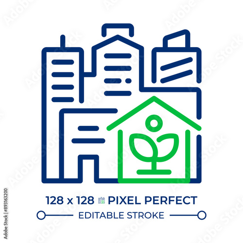Urban farming two color line icon. Indoor growing, rooftop. Modern city. Greenhouse gardening, hydroponics bicolor outline symbol. Duotone linear pictogram. Isolated illustration. Editable stroke