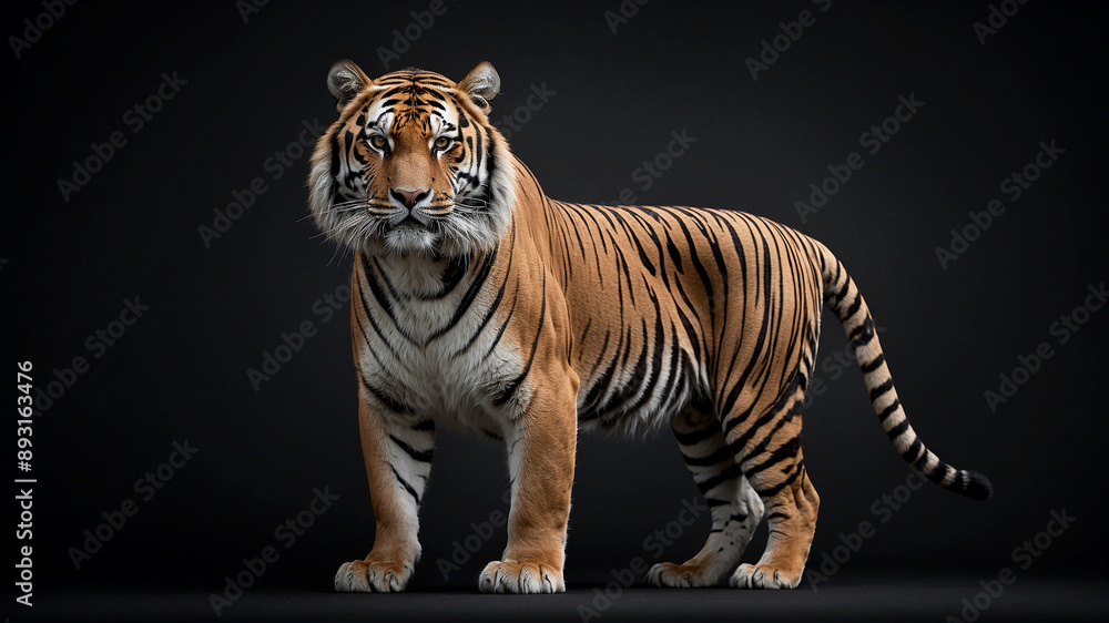 Obraz premium Full-body shot of a Panthera tigris, captured in a majestic and commanding stance, isolated against a dark, moody background