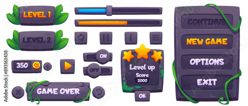 Jungle stone frame for cartoon game ui vector. Rock board and button icon element for aztec app design. Menu panel with liana vine tropical gui asset set. Level badge for interface illustration