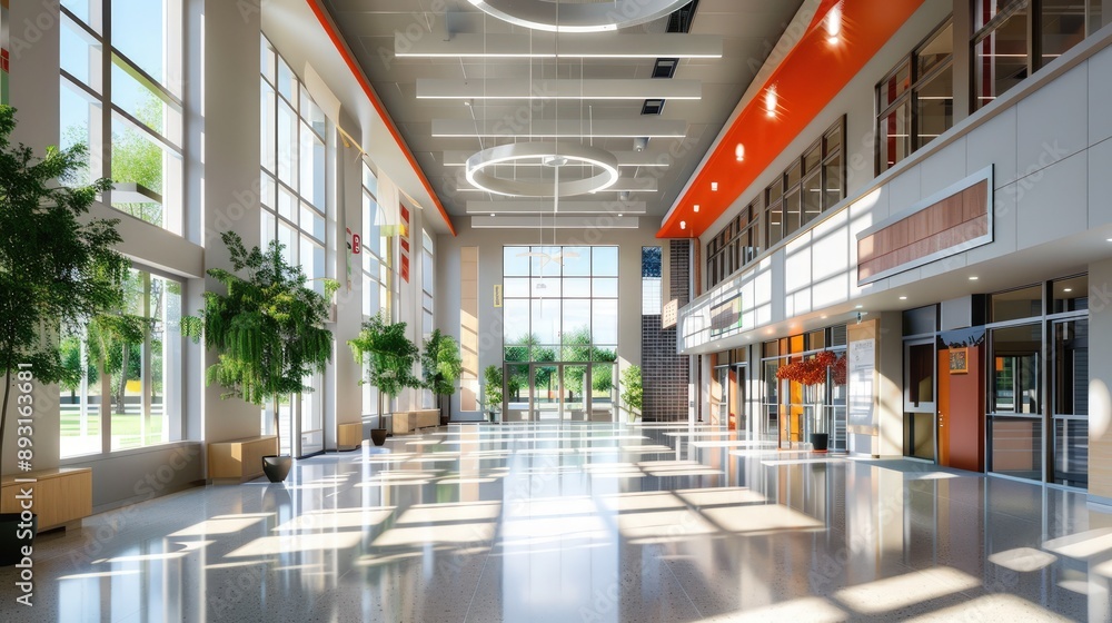 Bright and airy school entrance with high ceilings and sleek, modern lines Bright and airy school entrance with high ceilings and sleek, modern lines