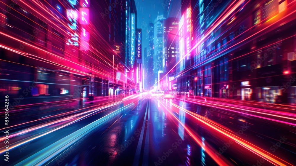 Streaks of red and blue light blur through a bustling city street as cars drive by at night, leaving behind a trail of neon Streaks of red and blue light blur through a bustling city street as cars drive by at night, leaving behind a trail of neon