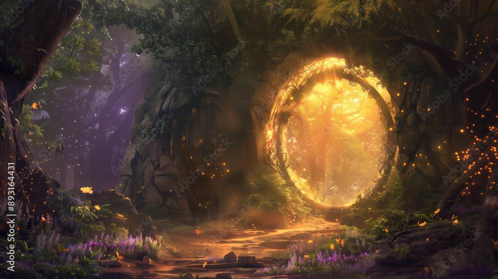 Obraz premium Fantasy 3D Illustration of a Hidden Portal Guarded by Mystical Creatures Leading to a Forgotten Fairy Realm with Intricate Details and Magical Lighting