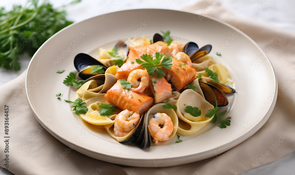 Pasta mezzi paccheri, with succulent seafood, salmon, plump mussels and tender shrimp Pasta mezzi paccheri, with succulent seafood, salmon, plump mussels and tender shrimp