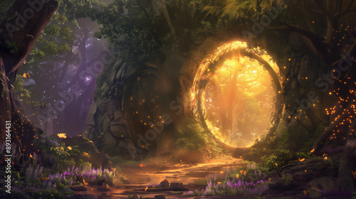 Fantasy 3D Illustration of a Hidden Portal Guarded by Mystical Creatures Leading to a Forgotten Fairy Realm with Intricate Details and Magical Lighting