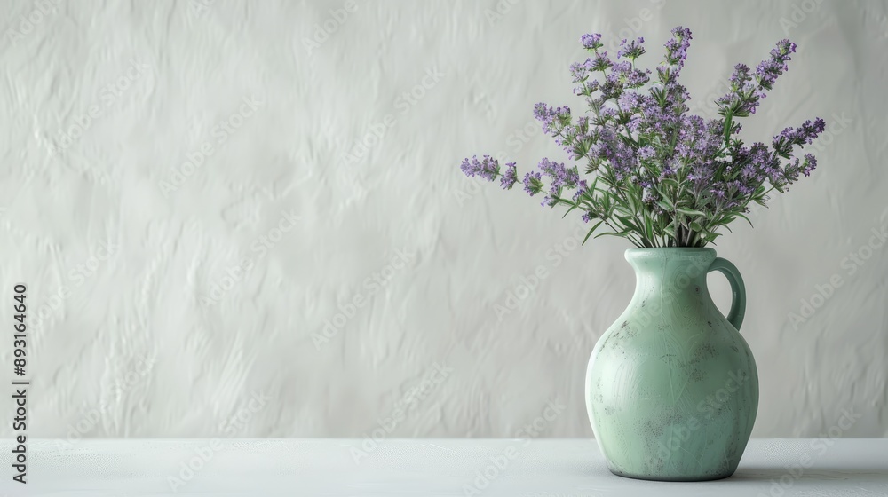 Simplistic decor: lavender flowers in green vase on white table with white backdrop Simplistic decor: lavender flowers in green vase on white table with white backdrop