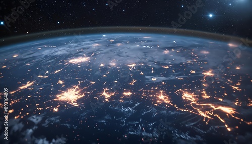 Planet earth from space, view with atmosphere and galaxy, city lights visible