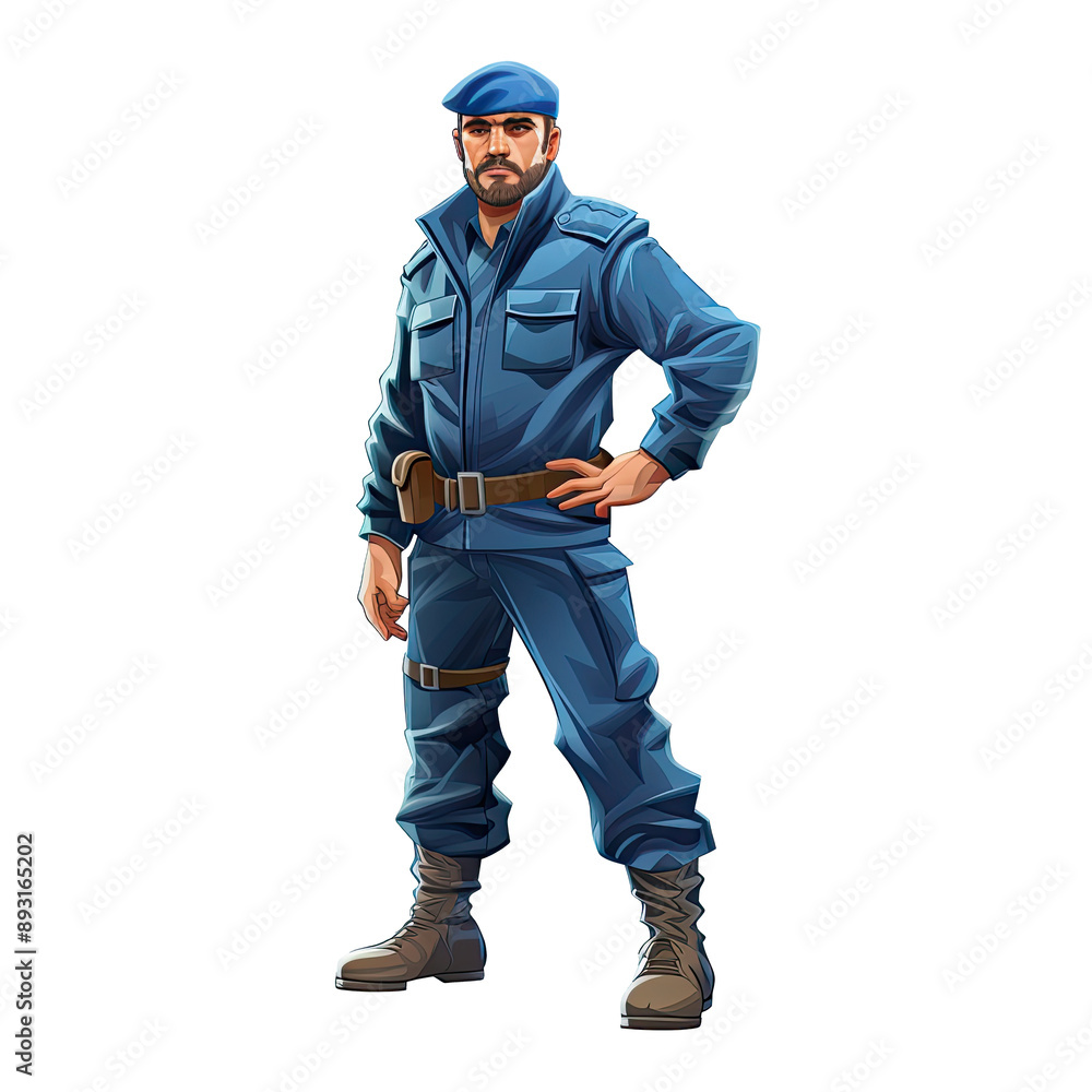 An illustration of a macho soldier man wearing a blue beret, strong facial expression An illustration of a macho soldier man wearing a blue beret, strong facial expression
